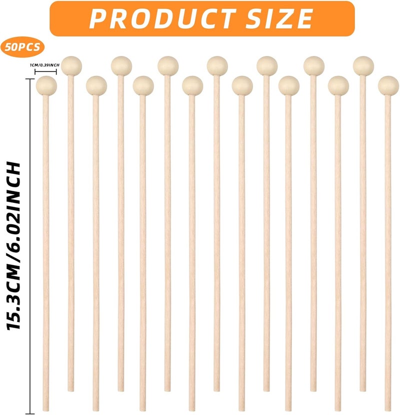 Pretwad 50 Pack Wooden Rock Candy Sticks with Ball Tips- 6 Inch Natural Wood Cake Pop & Drink Stirrer Sticks, Wood Swizzles Sticks for Chocolate Dipping & Coffee(15cm, Round Ball Head, Bulk) - Image 2